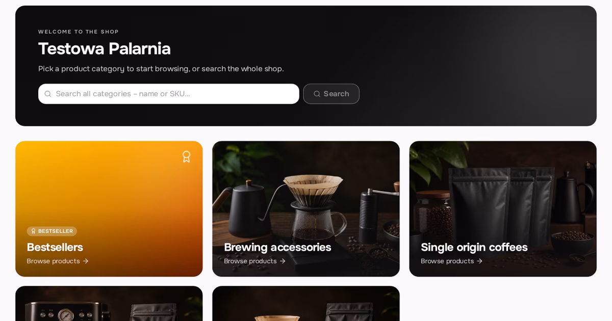 A B2B store under a coffee roastery's brand — dark white-label theme with product categories