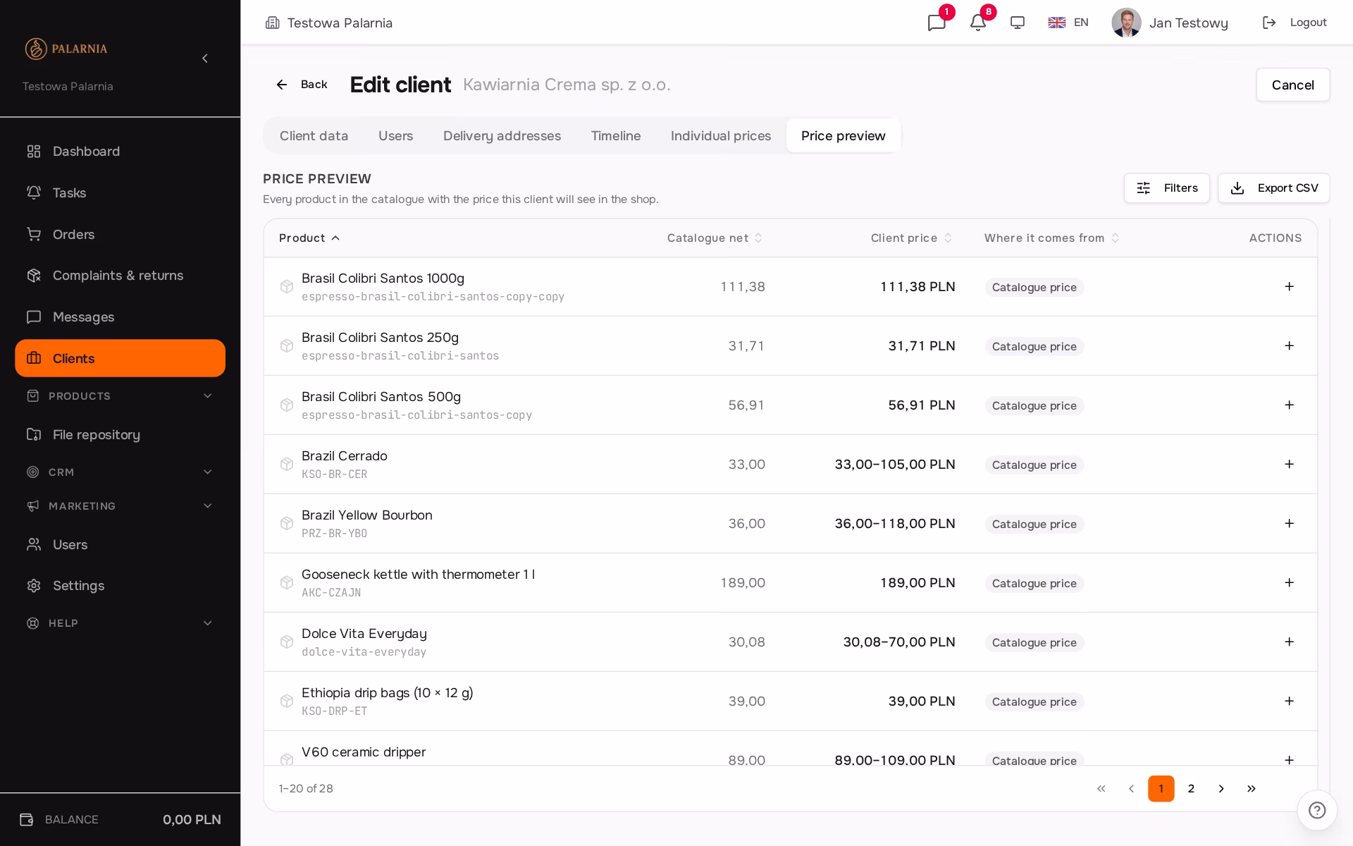 Customer price list preview in the panel — the whole catalogue with the price for the selected customer and the source of each price