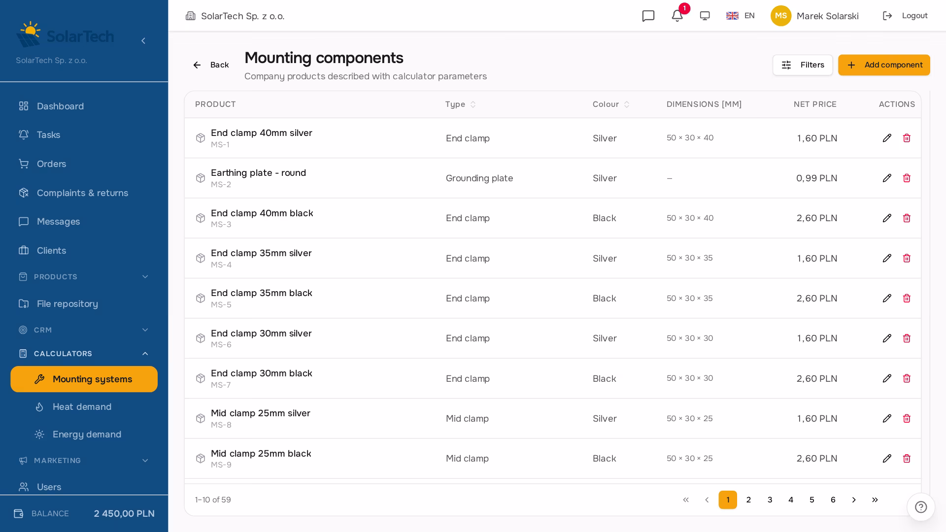 Mounting elements catalogue in the company panel — products tagged with type, colour and dimensions