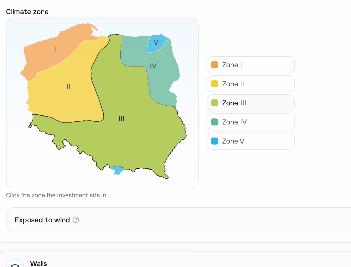 Expanded map of Poland's climate zones, divided into five zones