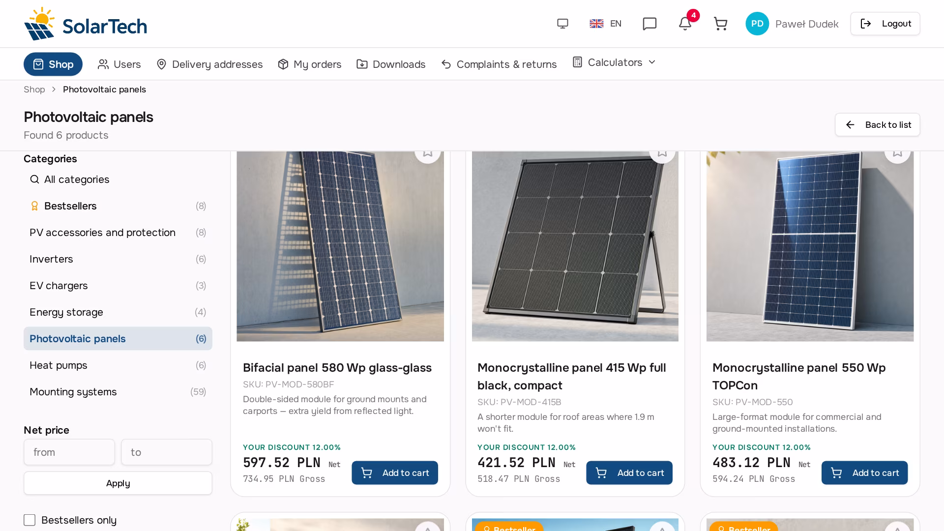 Renewable energy B2B store catalogue — panels, inverters, heat pumps and energy storage with net prices